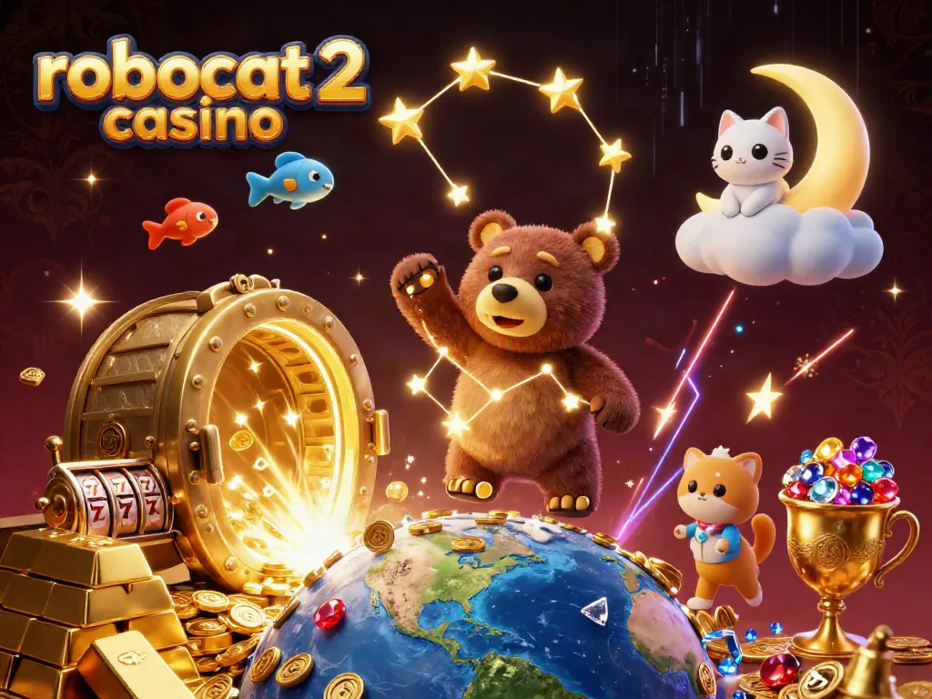 Win big at robocat 2 casino with an engaging 3D illustration showcasing exciting game elements.
