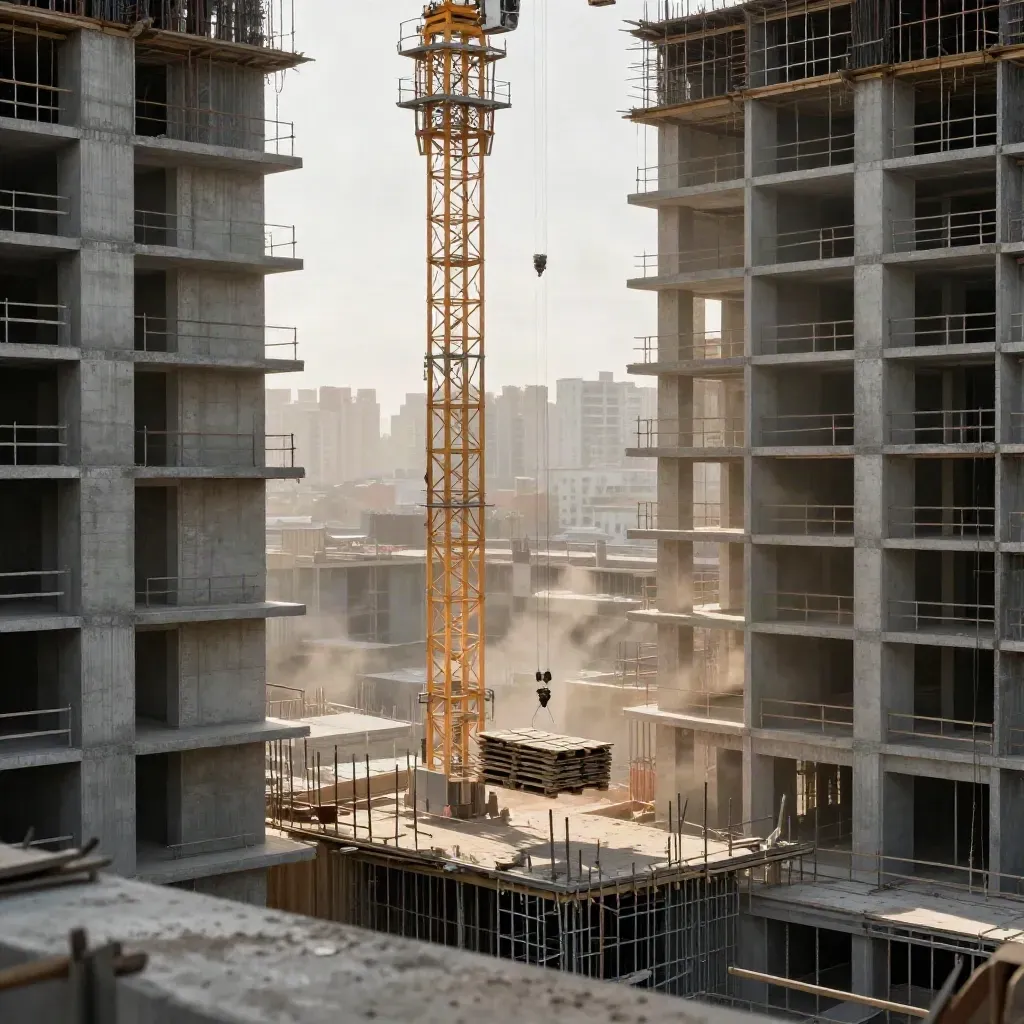 Grúa torre en obra urbana con forjados en construcción y un pallet de encofrado suspendido.