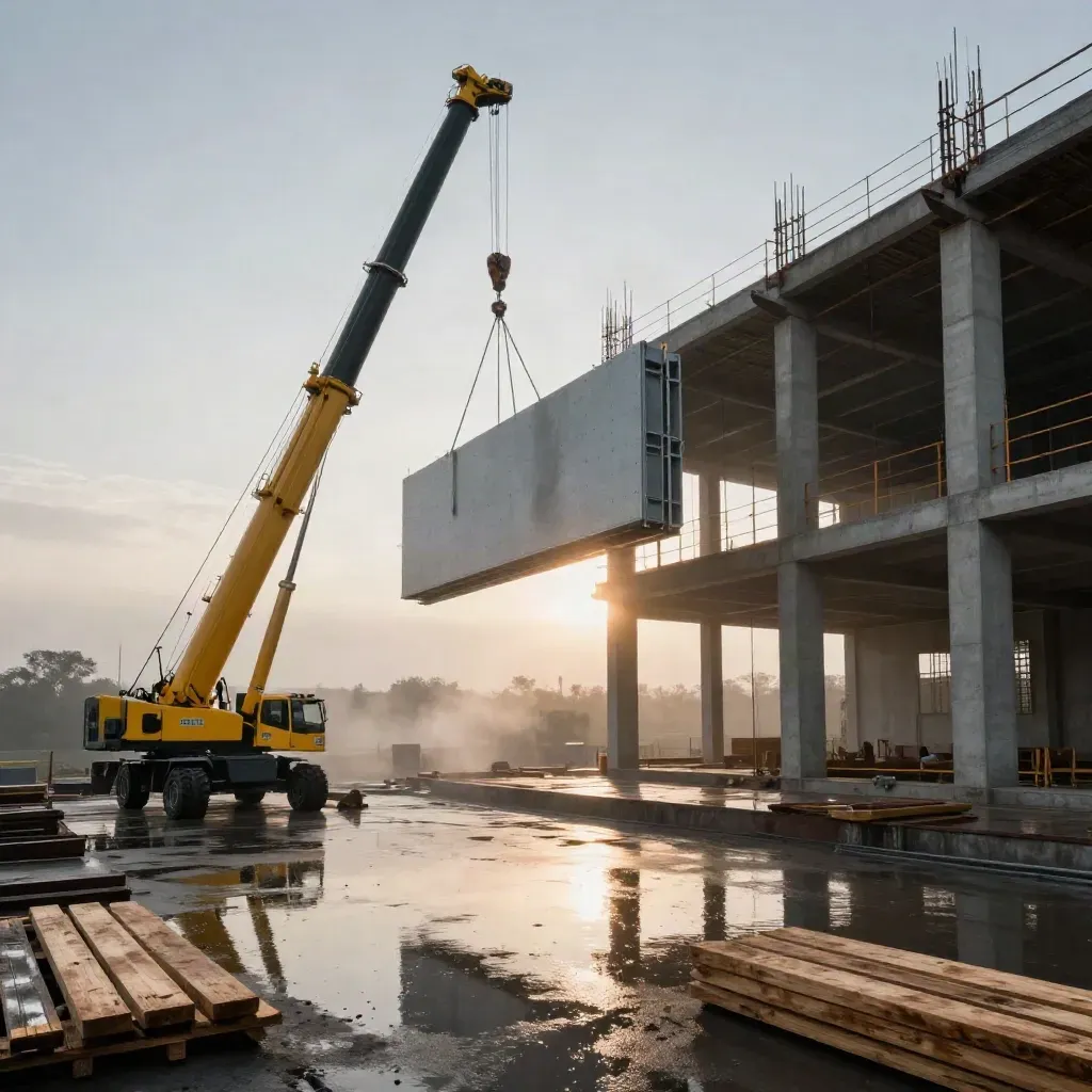 Grúa móvil izando un panel de hormigón junto a una obra al amanecer tras la lluvia.