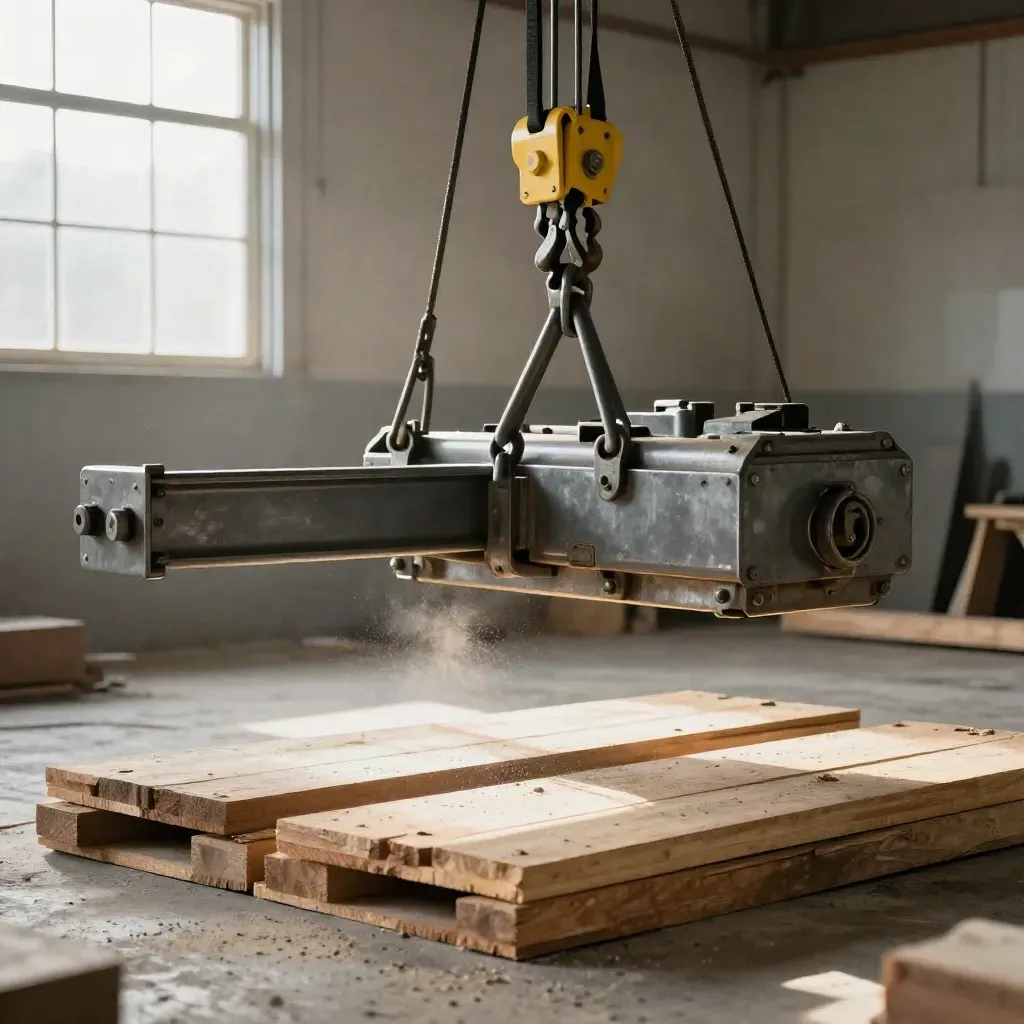 Izado de pieza pesada con eslingas y viga espaciadora sobre cuñas de madera en un patio industrial.