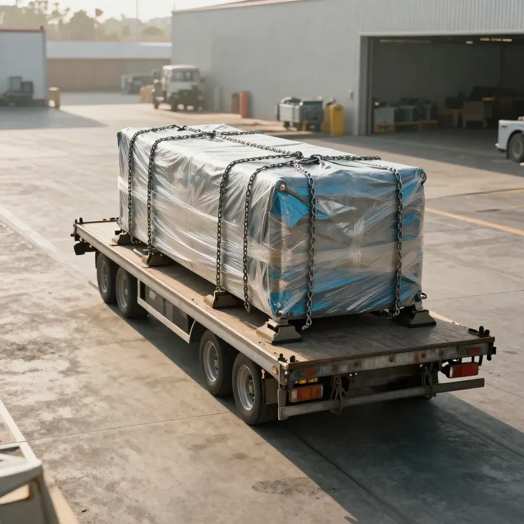 Tráiler de plataforma con una prensa industrial embalado saliendo de una nave logística.