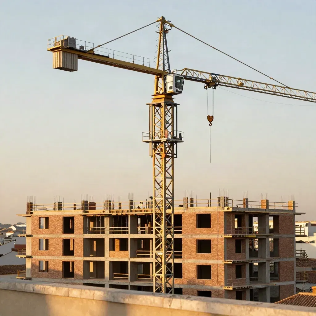 Grúa torre sobre un bloque casi terminado en Sevilla, bañada por luz cálida.