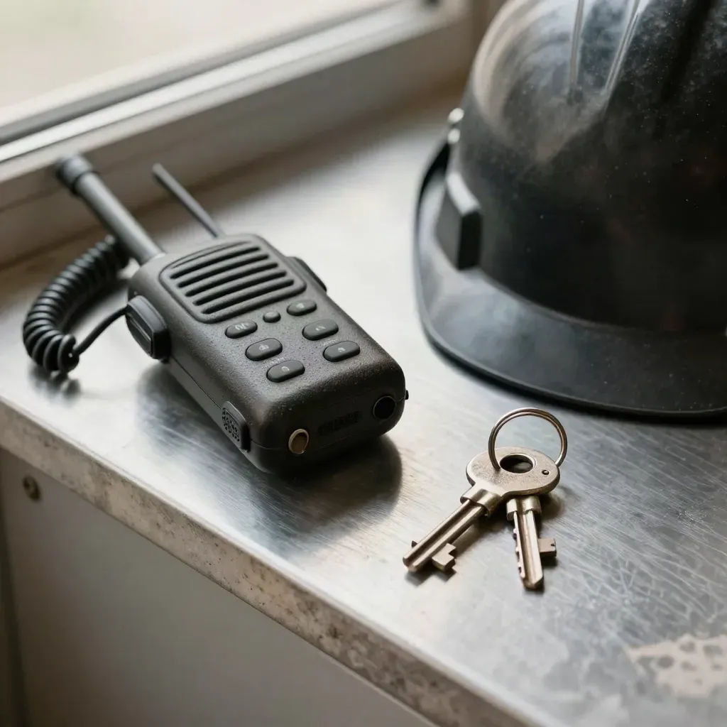 Radio de obra, casco negro y llaves de grúa sobre acero cepillado.