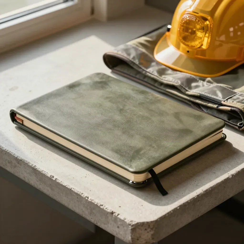 Cuaderno impermeable, chaleco reflectante y capuchón ámbar sobre hormigón claro.