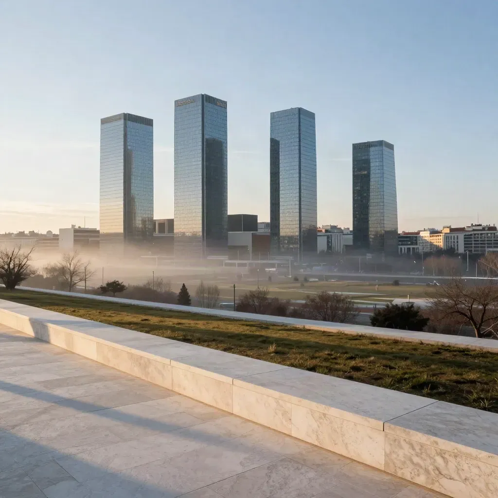 Torres Cuatro madrileñas al amanecer sobre una terraza clara y parque difuso