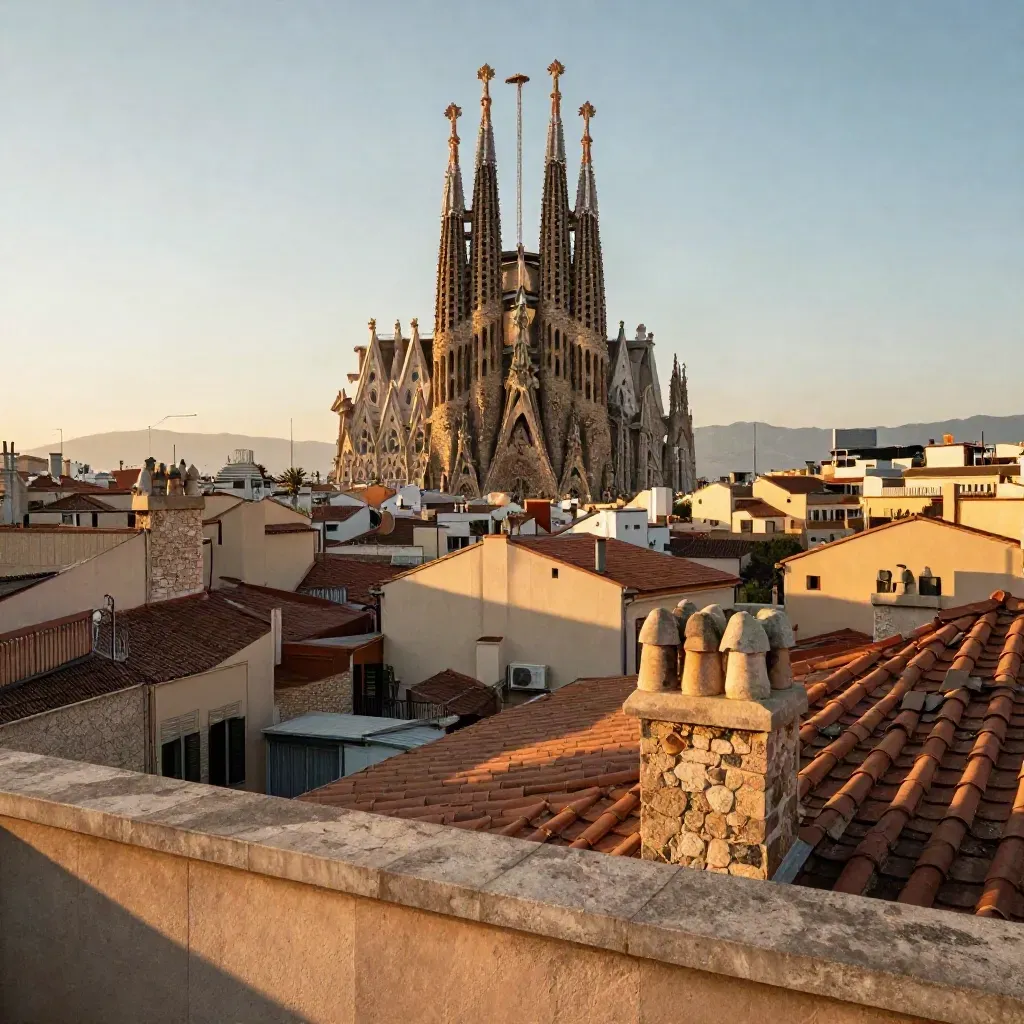 Barcelona y la Sagrada Família entre niebla marina al amanecer, con tejados cálidos y espacio abierto.