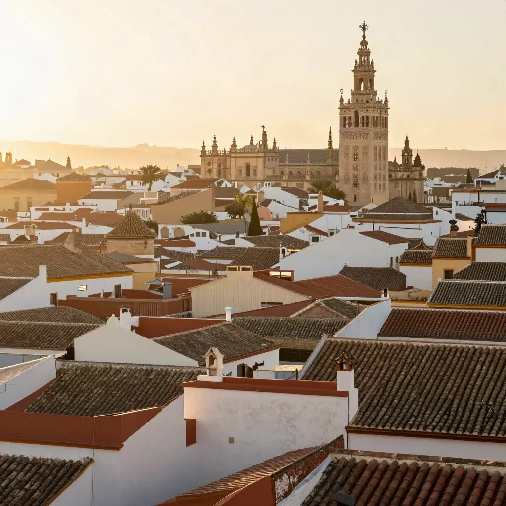 Tejados de Sevilla con la Giralda en lo alto y una amplia zona calmada para titular.