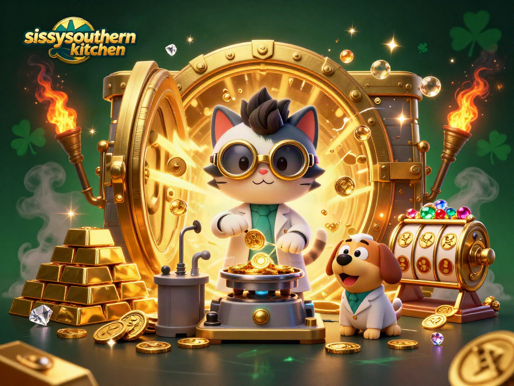 Sissy's Southern Kitchen captivates with vibrant casino-themed 3D art featuring a mad scientist cat amidst gold treasures.