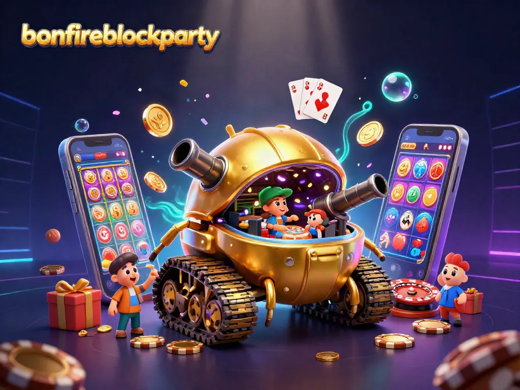 Bonfireblockparty highlights a dynamic casino-themed 3D scene packed with games and excitement.