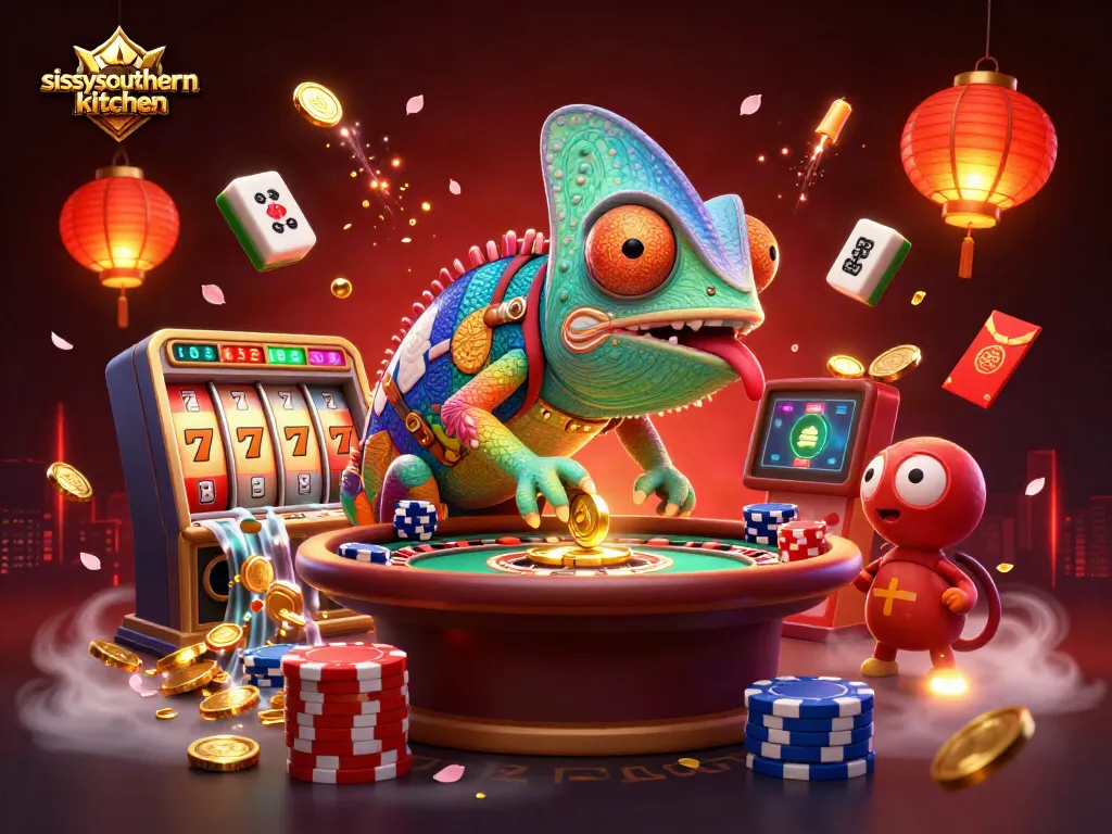 Sissy's Southern Kitchen showcases animated chameleon casino features with vibrant gambling elements in a rich tableau.