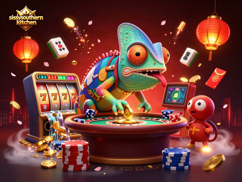 Sissy's Southern Kitchen showcases animated chameleon casino features with vibrant gambling elements in a rich tableau.